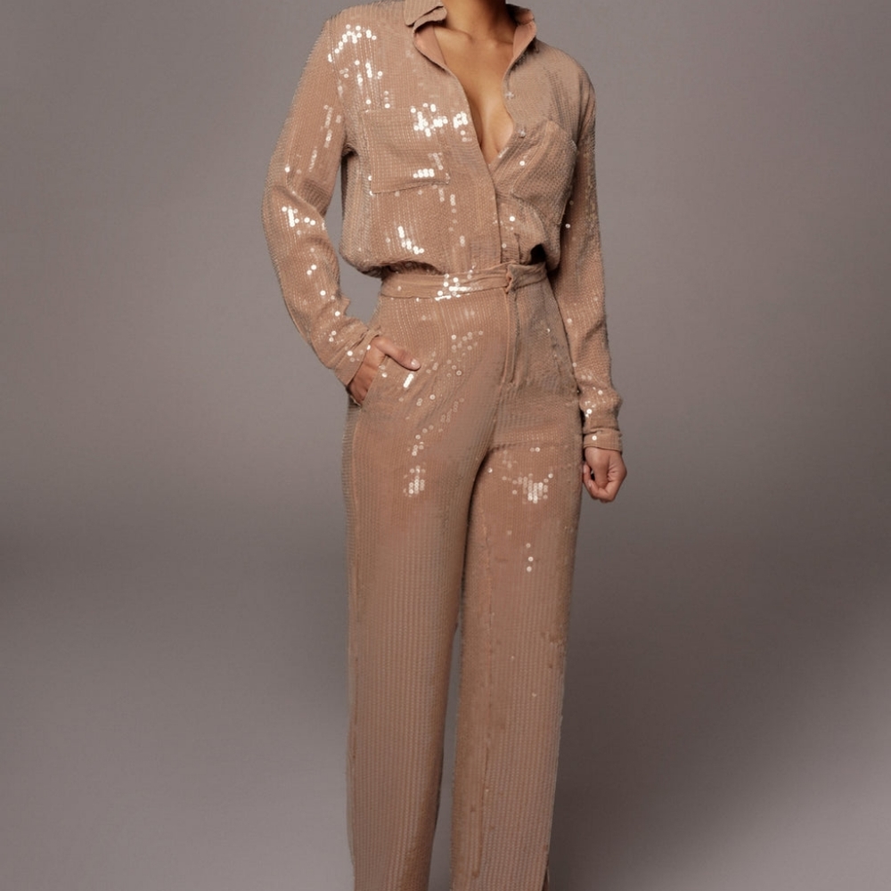 TAN ELOWEN SEQUIN TROUSERS